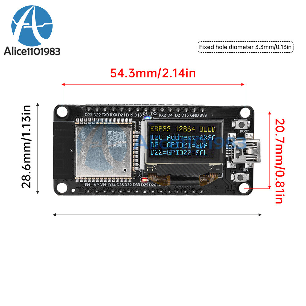 0.96" ESP32 ESP-WROOM-32D WIFI Bluetooth Development Board OLED CH340C Module