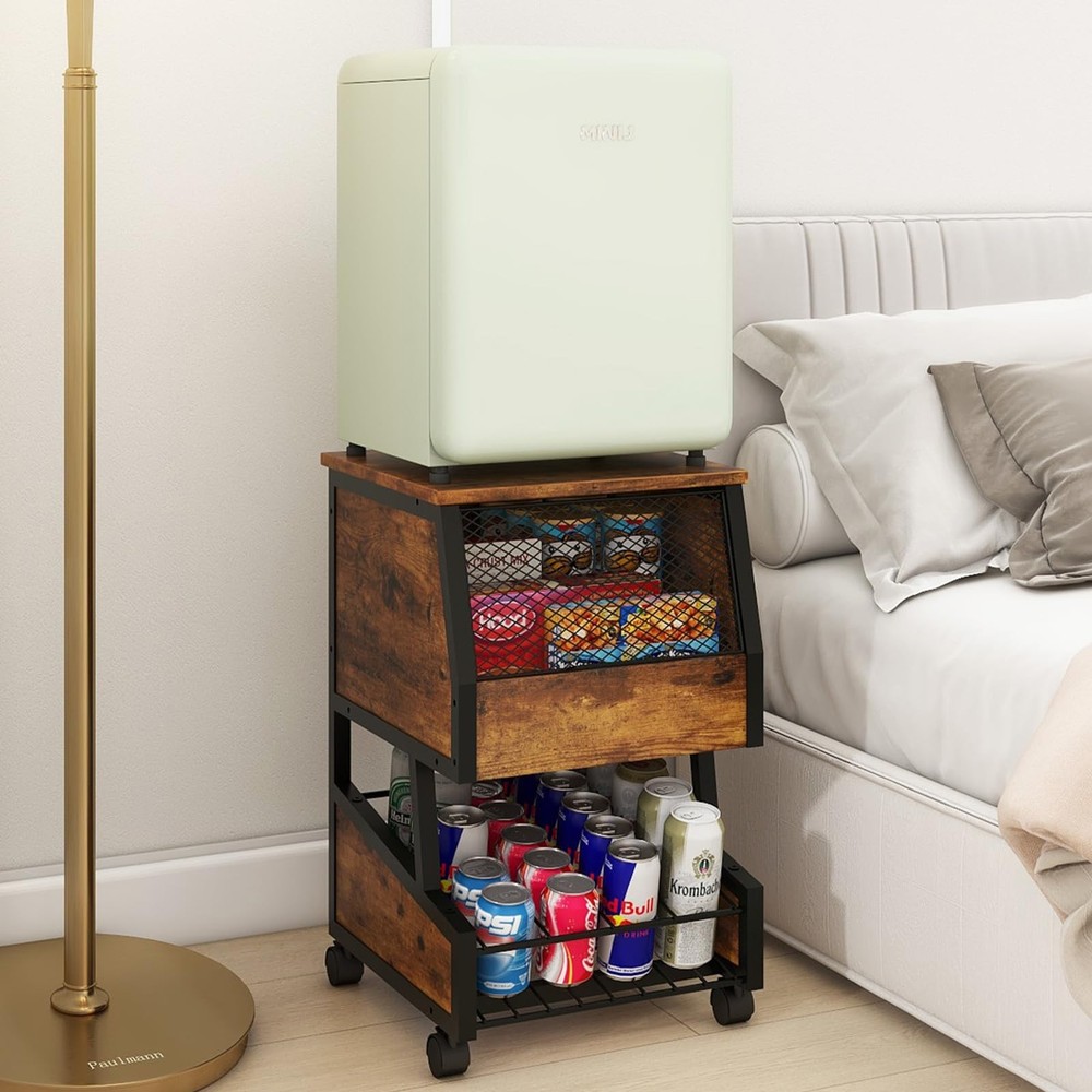 Compact Refrigerator Stand with Beverage Storage and Wheels Rolling Personal ...