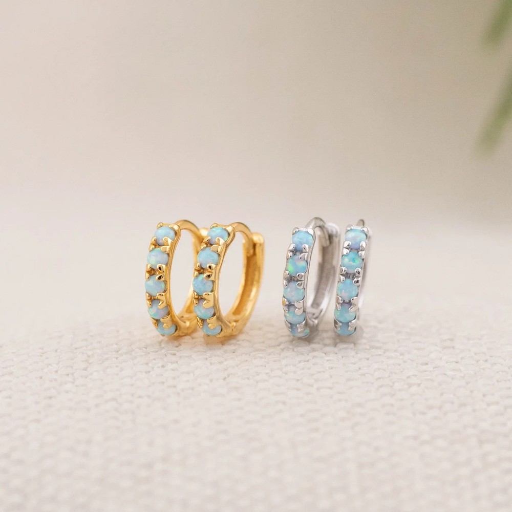 Dainty fire opal stones on solid Sterling Silver 925 huggie hoops