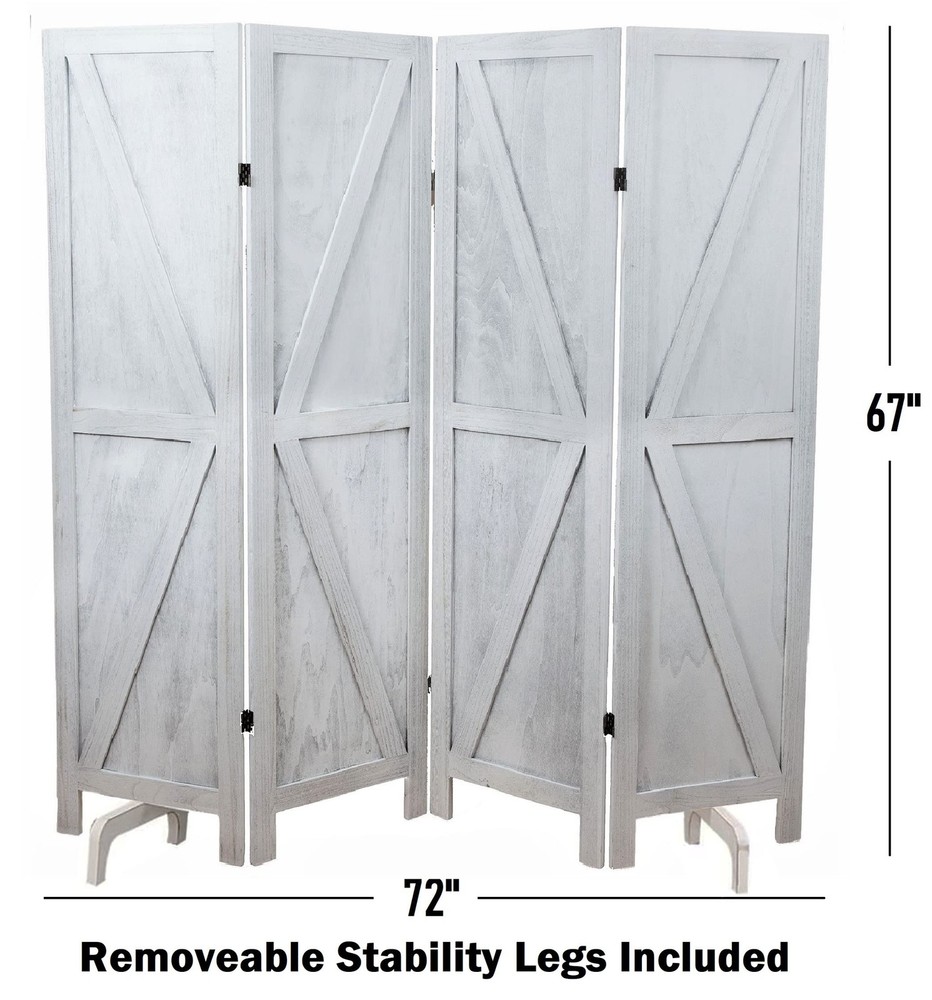 Premium Home 4-Panel Room Divider – Rustic White Barn Door, K Pattern Folding...