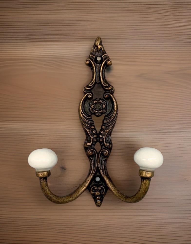Vintage Cast Iron Ceramic Hat & Coat Hooks - Shabby Chic Rustic Wall Hangers