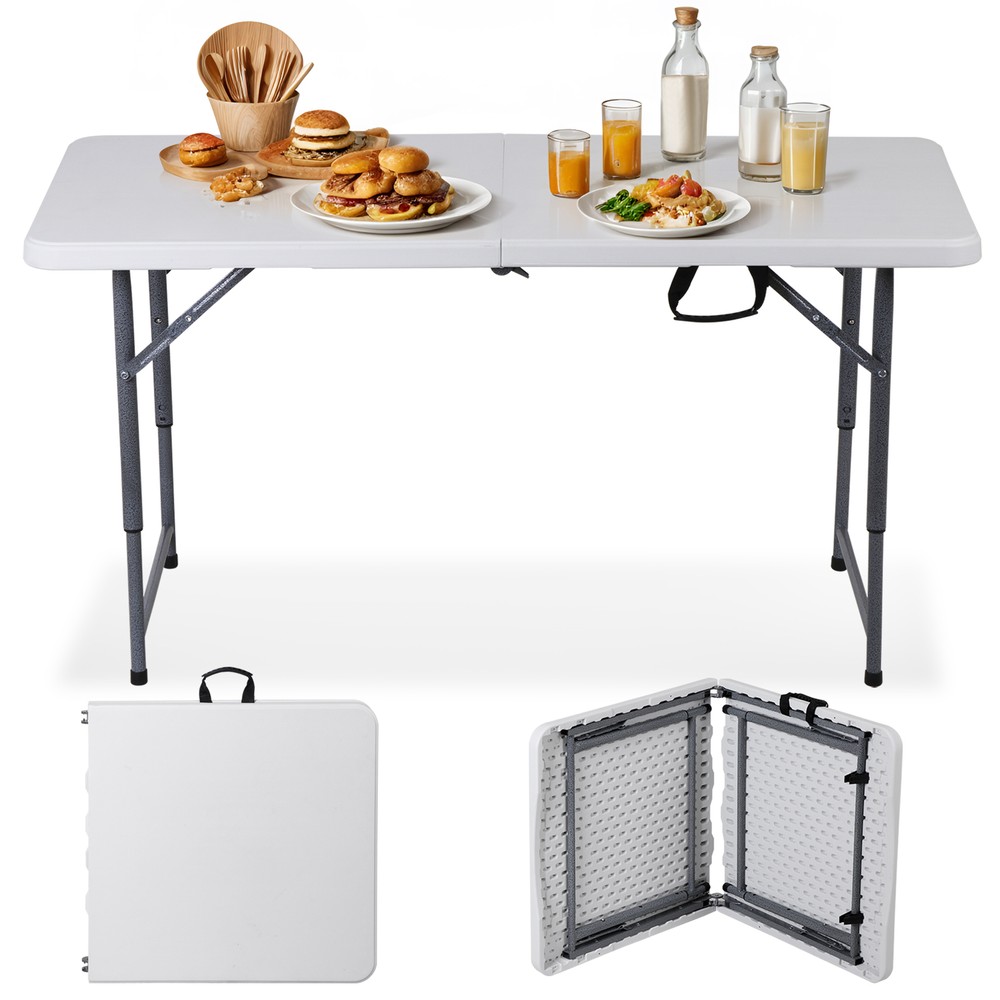 Folding Table 4 FT Portable Fold-in-Half Adjustable Plastic Camping Table White