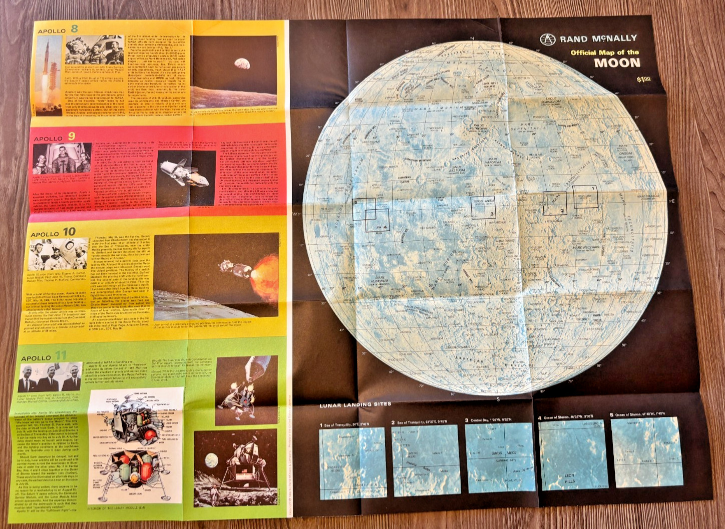 Vtg 1969 Rand McNally Official Map of the Moon NASA Folding Paper Apollo Mission