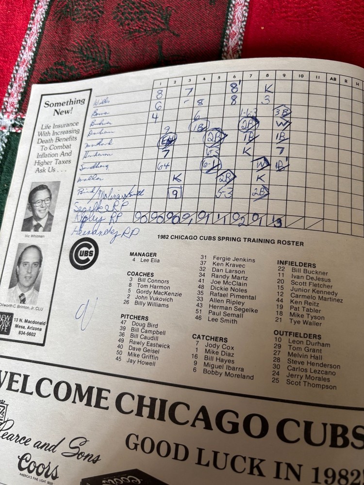 1982 Cubs Spring Program vs Oakland A's scored (Rickey Henderson, Billy Martin)