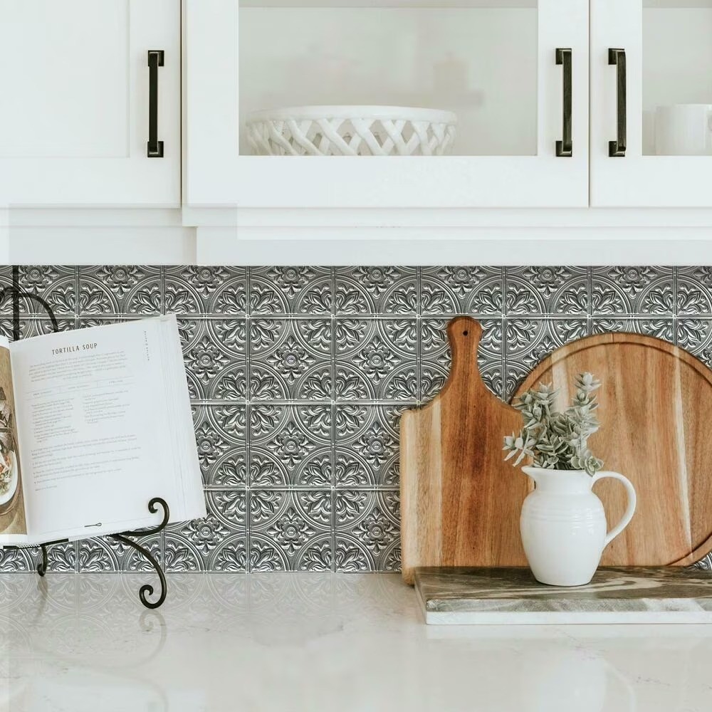 Peel and Stick Backsplash Silver Tin Tile Metallic Self Adhesive Sticker
