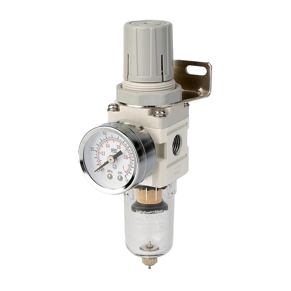 1/4" NPT Compressed Air Filter Regulator Combo, 5 Micron Brass Filter