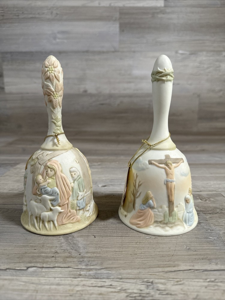 Pair (2) Lefton Christopher Collection Bells Nativity & Crucifixion Hand Painted