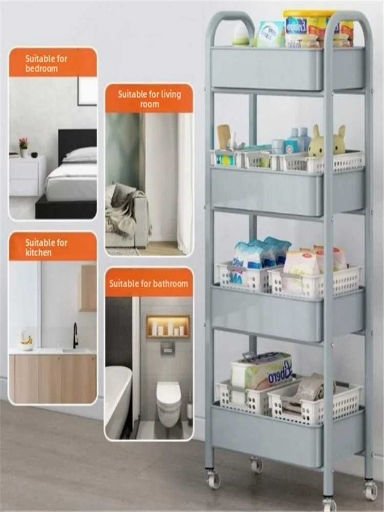 Trolley with Handlebar and Storage Rack, Floor-Standing, Multi-Layer Storage for