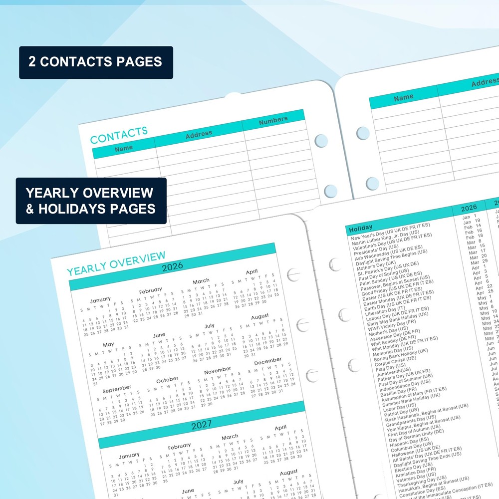 2026-2027 Planner Refills - A5 Inserts with 7-Hole Punched, A5, Blue