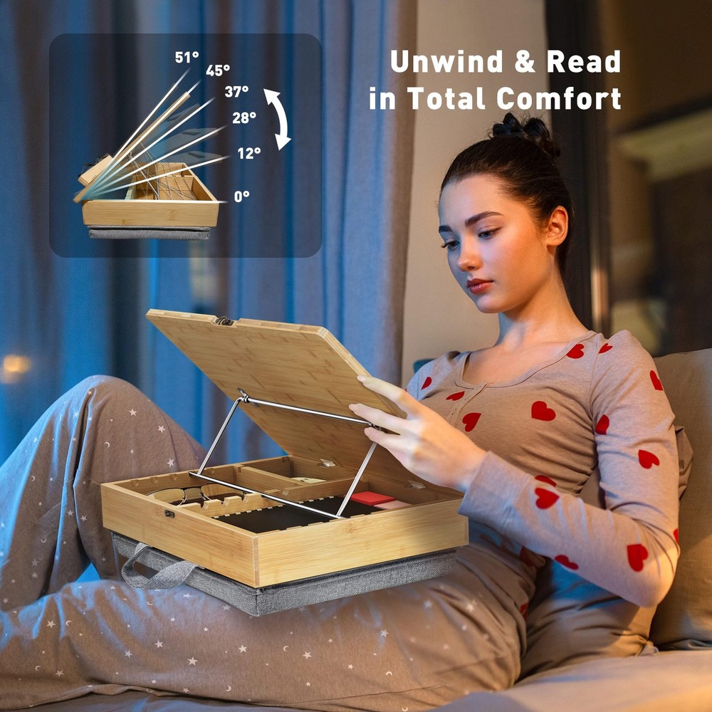 Book Stand for Reading with Storage, Adjustable Bamboo Book Holder with Soft ...
