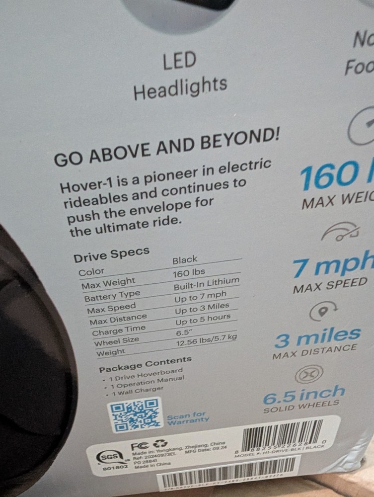 Hover-1 Drive Electric Hoverboard, 7MPH, 3 Mile Range, LED Lights, Black