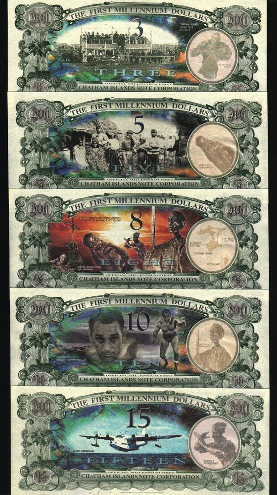 Chatham Islands 3 5 8 10 15 DOLLARS 2001 Commemorative COMPLETE SET UNC POLYMER