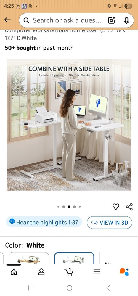 FLEXISPOT H7 White Overbed Bedside Table w Wheels + Pneumatic Adjustable