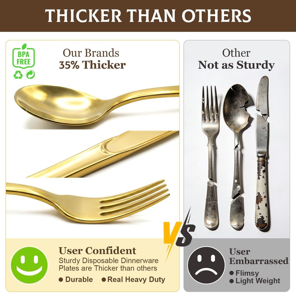 153 Pack Gold Plastic Silverware - Heavy Duty Gold Silverware Set - 51 Forks,...