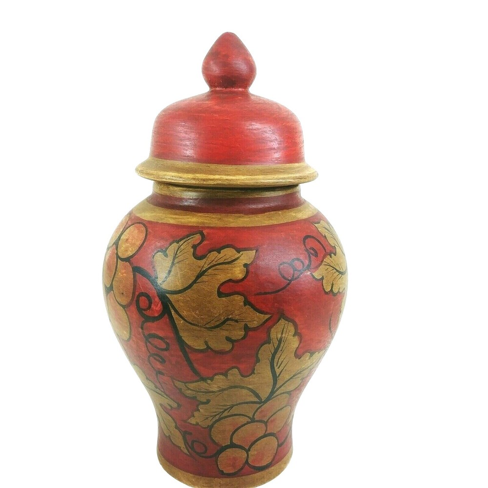 Storage Urn Canister Ginger Jar Lid Hand Painted Grapevine Design