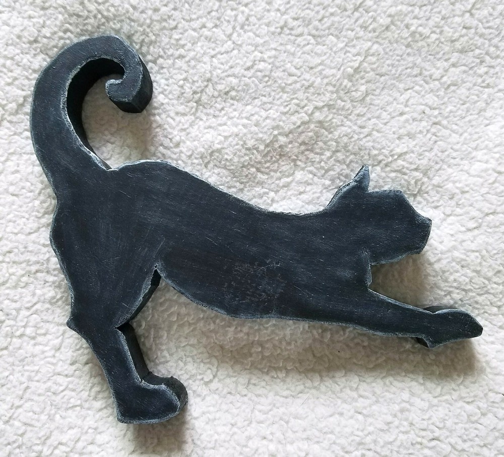 Wooden Hand Painted Handmade Shelf Décor ~ Pouncing Black Cat