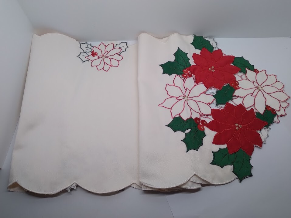 Beige Table Runner Elegant Cutwork Poinsettias 13.5" X 69"