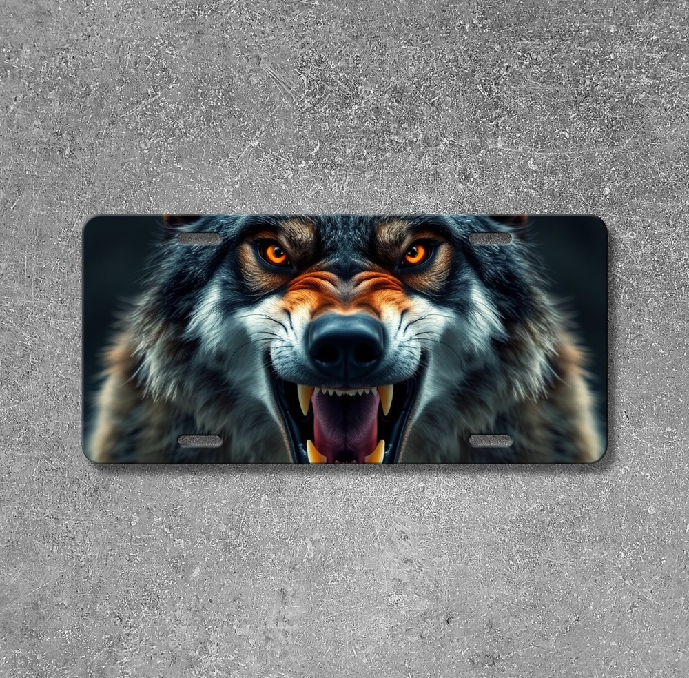 Powerful Wolf License Plate Snarling Design Your Text Auto Tag Anniversary Gift