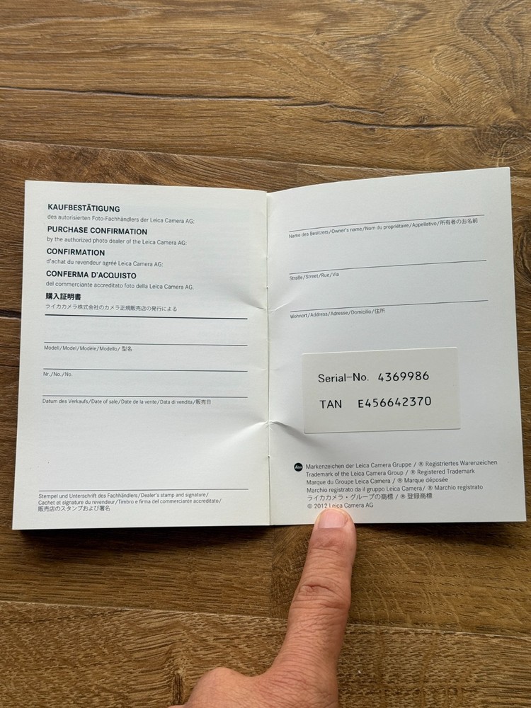 Leica Digital Camera Warranty / Registration Card ONLY