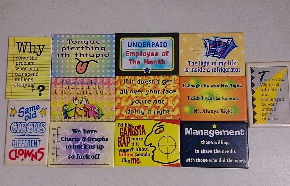 Pkg 12 Assorted 3" x 2" Funny REFRIGERATOR or LOCKER MAGNETS - Assorted Sayings