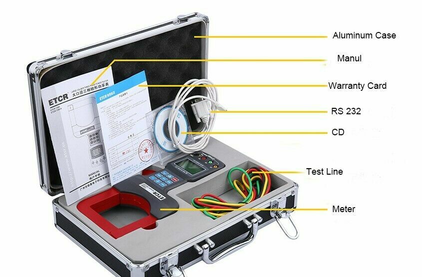Handheld Large Caliber Three Phase Clamp Power Meter Tester 1200A 600V RS232