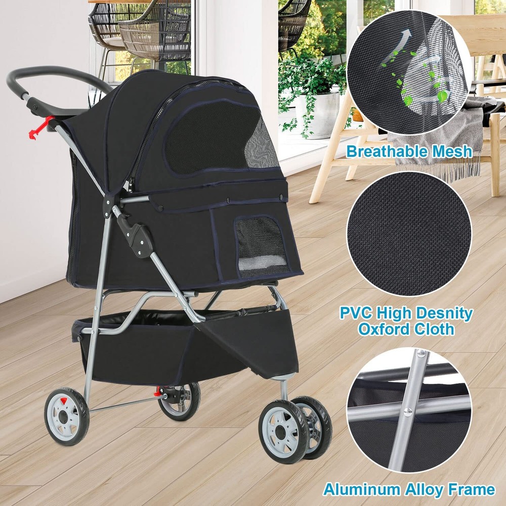 3 Wheels Folding Pet Stroller Dog Cat Stroller w/Cup Holder for Small/Medium Dog