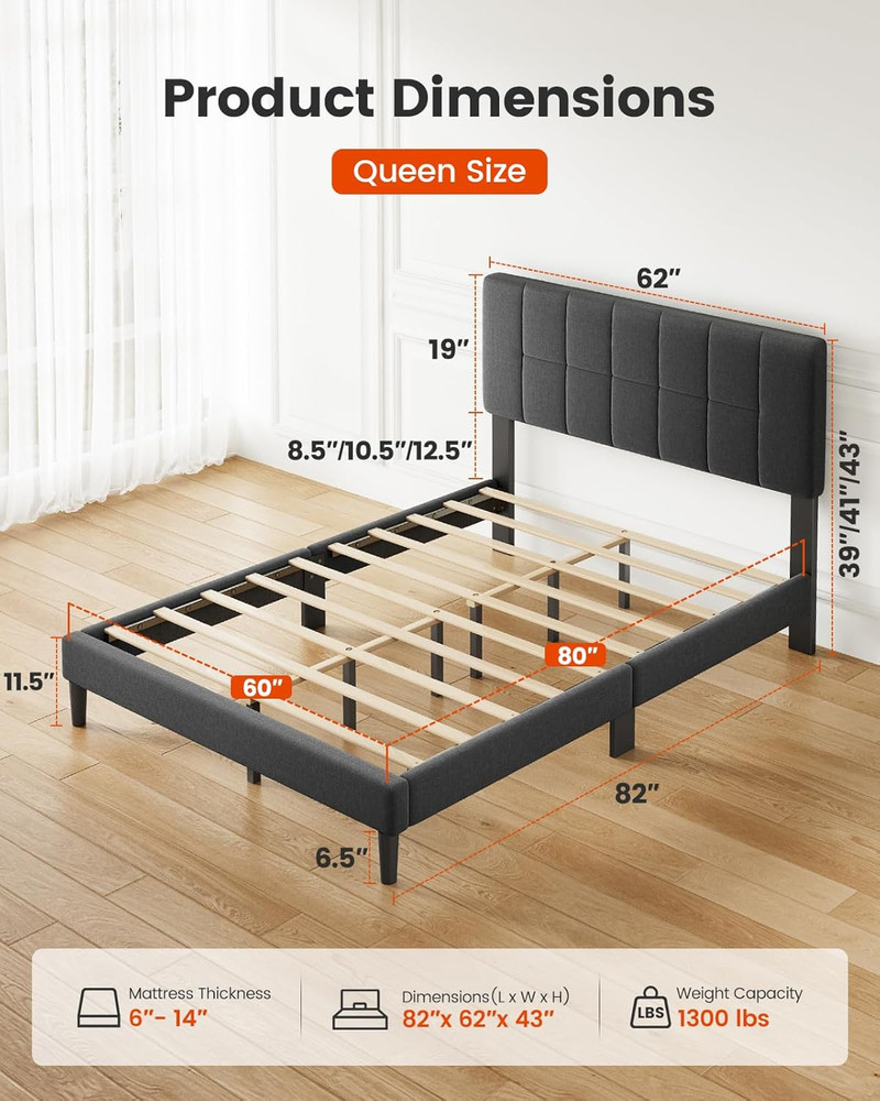Amada Queen Bed Frame with 12 Thickened Legs & Adjustable Fabric Upholstered Hea