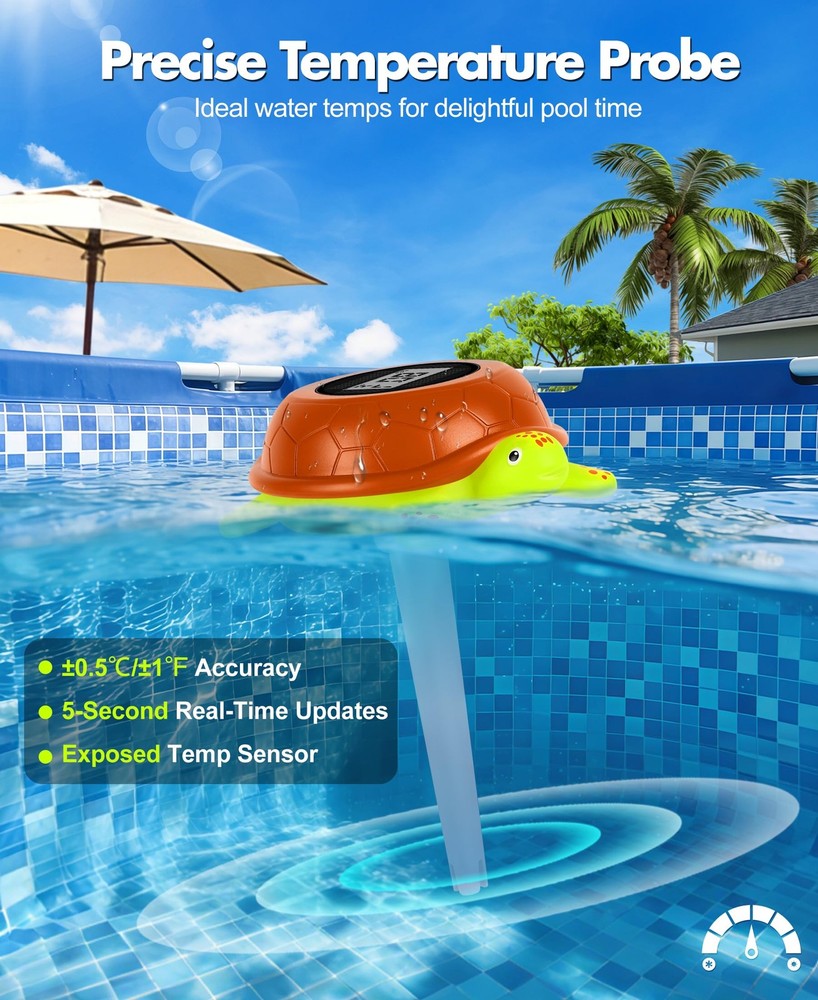 LuxBlue Turtle Floating Pool Thermometer Solar Powered | Ultra-Precise White