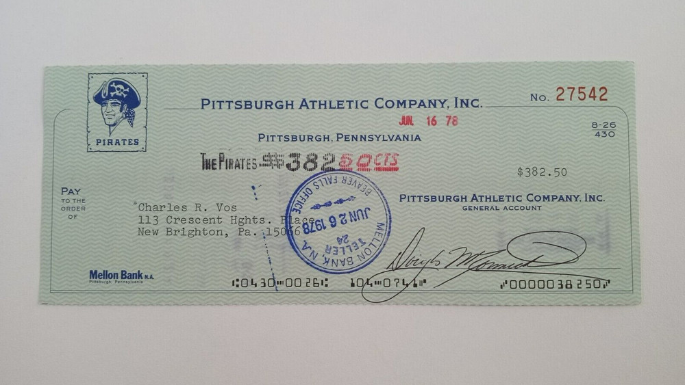 Charles R. Vos: 1978 Pittsburgh Pirates Expense Check