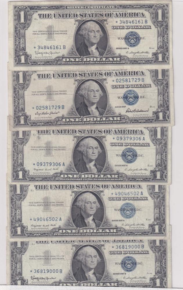1957 (A, B) $1 Silver Certificate Star Notes VF-CVF 5 Notes