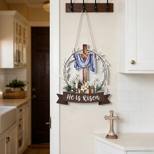 He is Risen Easter Decorations Wooden Cross Wreath, Easter Wreath for Front