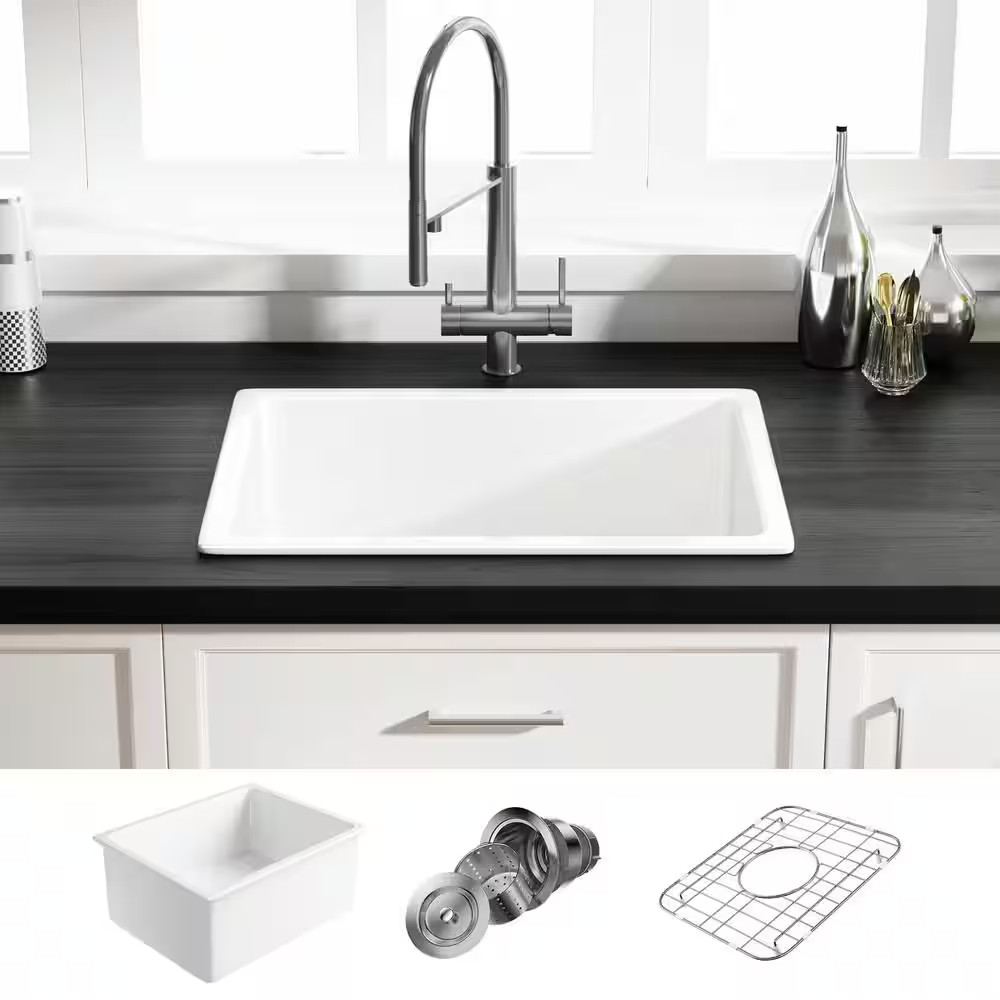 Oslo 24 In. Undermount Single Bowl White Ceramic Kitchen Sink with Bottom Grid a