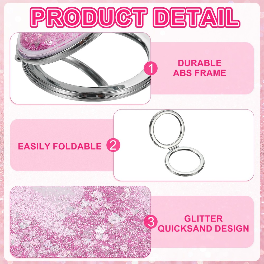 Glitter Pocket Mirror, Round Double-Sided Compact Mirror, Pink