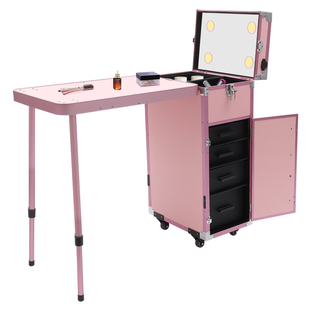 Nail Desk Mobile Station Rolling Makeup Train Case Manicure Table Pink Modern