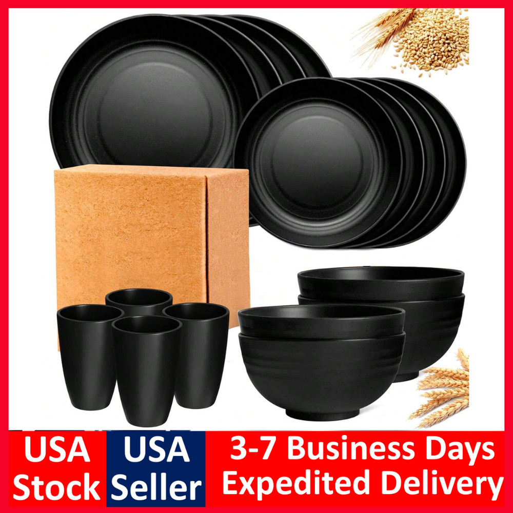 16 Piece Dinnerware Set, Kitchen Wheat Straw Dinnerware Set, Black, Serves 4