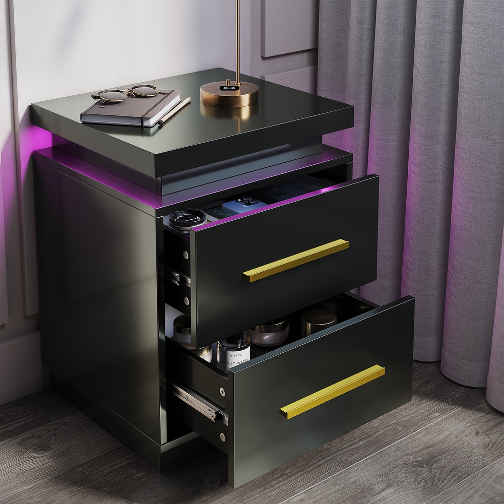 1/ 2 PCs End Table, Nightstand with RF Remote-Controlled LED Lights, Drawers