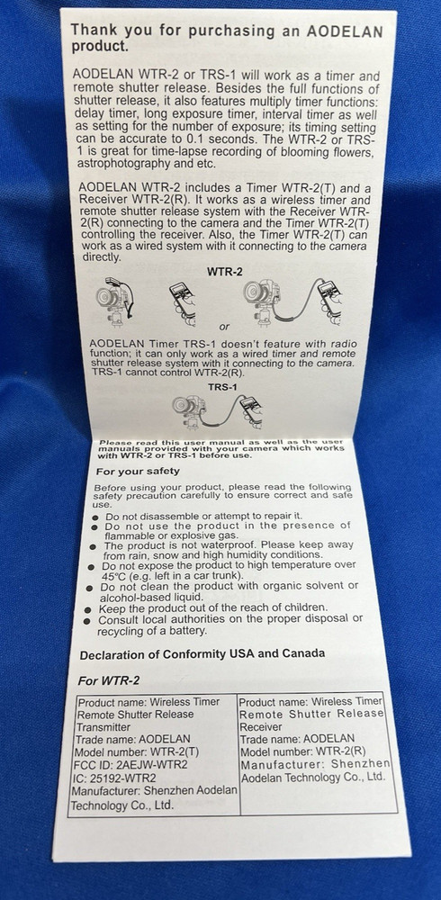 AODELAN WTR-2 Wireless Shutter Release Timer Remote Control New Open Box, 2022