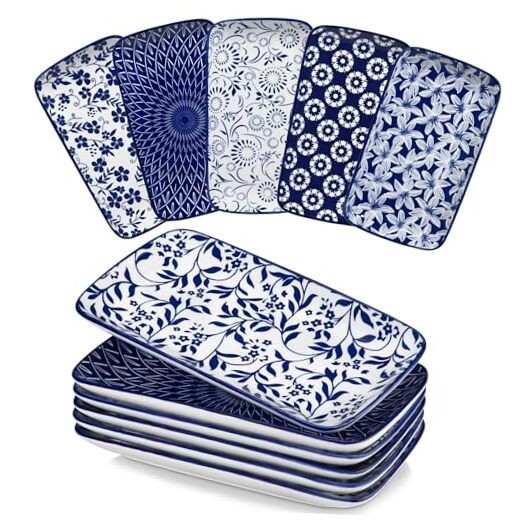 Selene Rectangular Dinner Plates Set of 6, Ceramic Salad Plates for 9.5 Inch