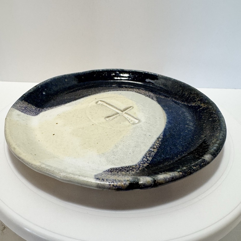 Signed Hand Crafted Studio Pottery Plate Embossed Cross Design Stoneware