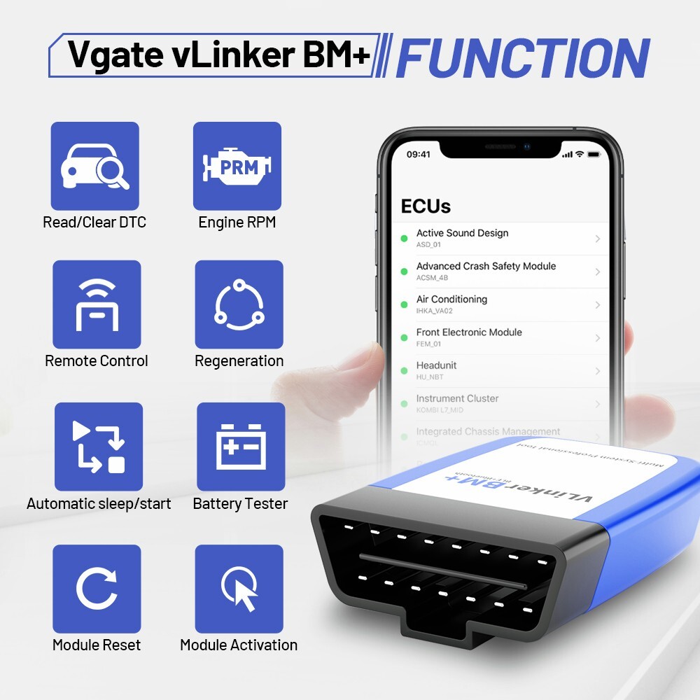 Vgate vLinker BM+ BT 4.0 OBD2 Diagnostic Scanner Tool BIMMERCODE For IOS Android