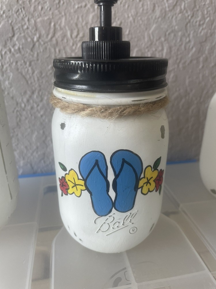 Hand Painted Mason Jar Bathroom Decor 5 Piece Set Surfboard Theme White