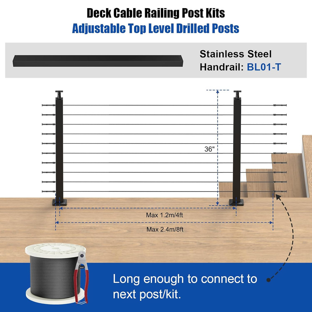 36" Black Cable Railing Post Kit - Adjustable Surface Mount, 2 Level Posts