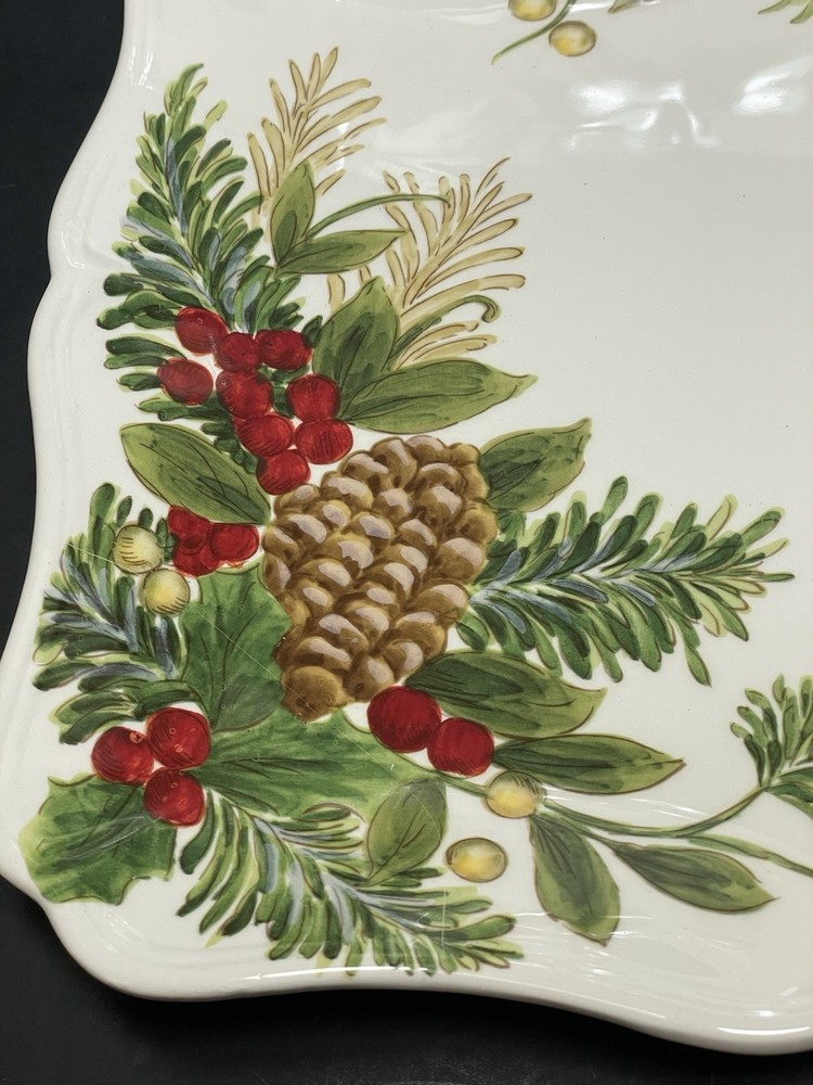 Maxcera Christmas YULETIDE BOUGH 11.75”Square Dinner Plate Serving Platter Set 2