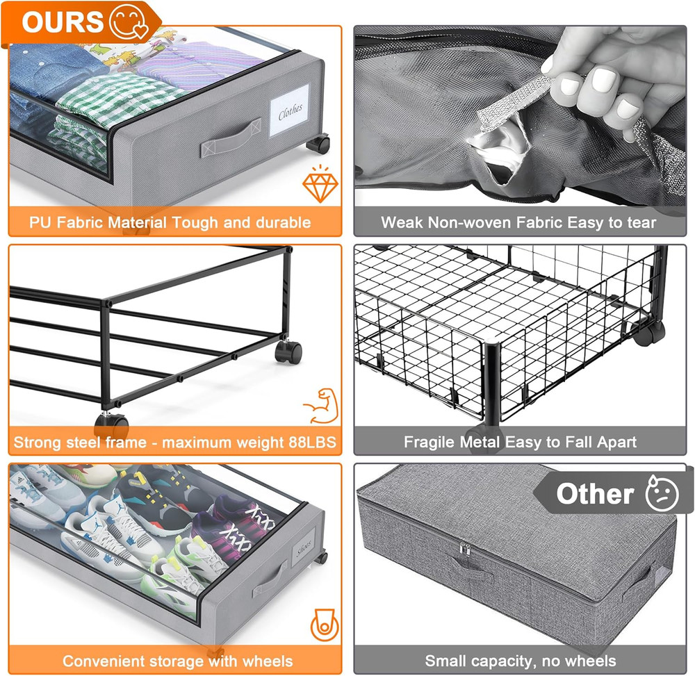 Under Bed Storage with Wheels, 4 Pack under Bed Storage Containers with Dividers