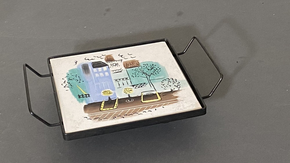MCM Tile Trivet With Painted Cityscape Design