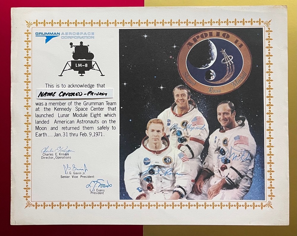 APOLLO 14 / GRUMMAN TEAM MEMBER ACKNOWLEDGMENT 11 X 14 AWARD NAMED-PRESENTED