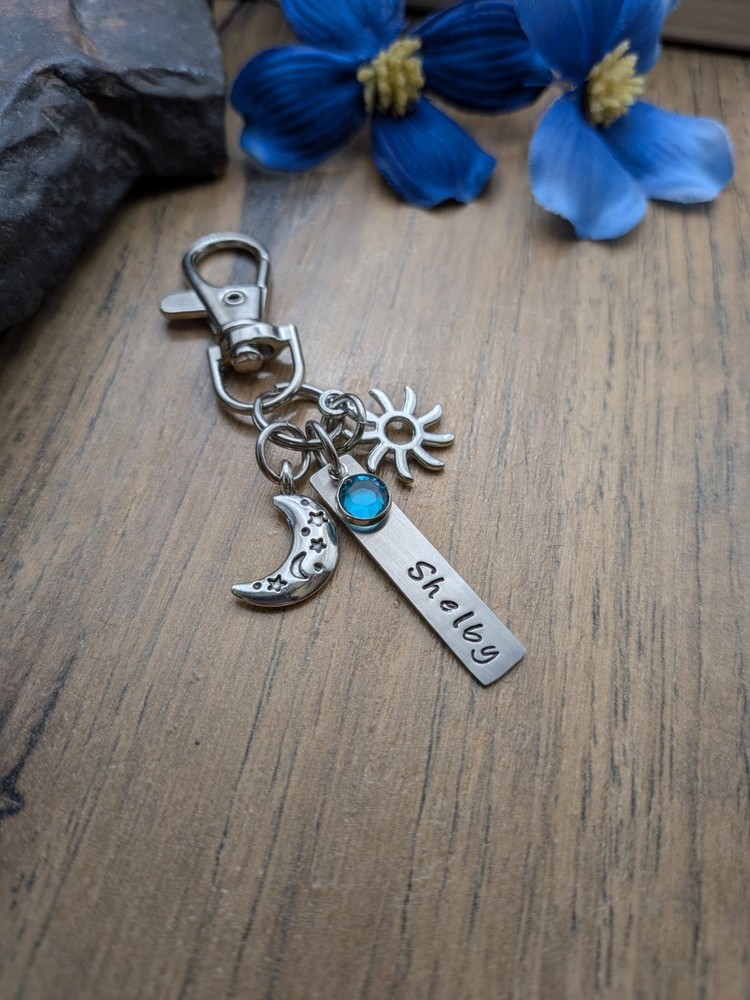 Sun And Moon Purse Charm, Personalized Initial Keychain, Celestial Gift