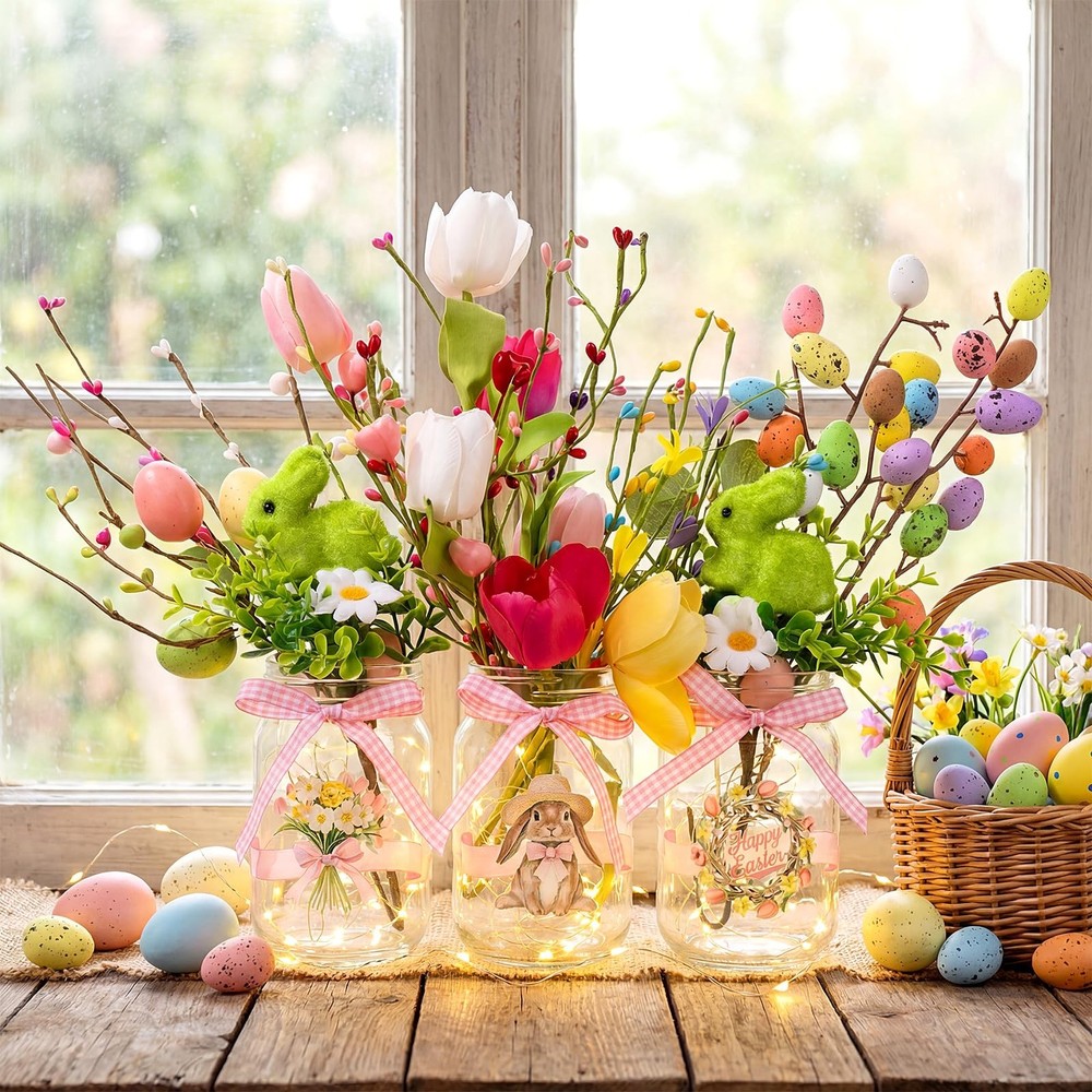 3 Sets Easter Centerpiece Table Decorations DIY Mason Jar Light Decoration wi...