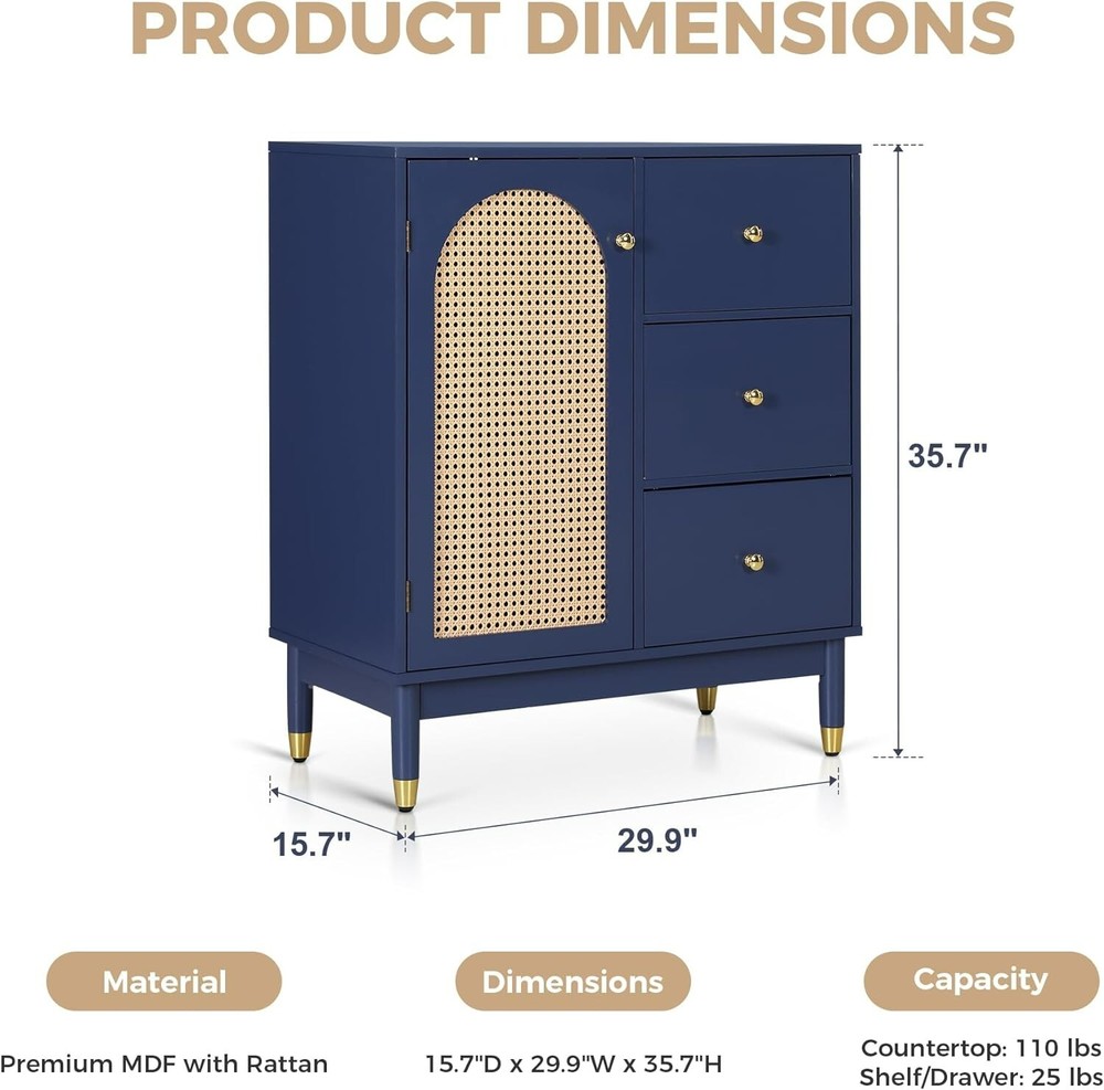 Storage Cabinet Rattan Accent Display Cabinet with Doors&Drawers Modern Buffet