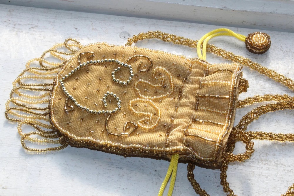 Vintage Boho Style Beaded Purse with Drawstring